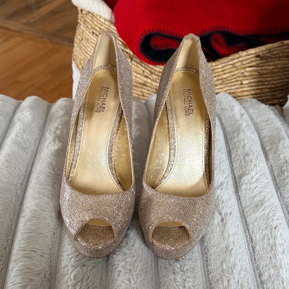 Michael Kors Gold Peep-Toe Heels - 7 - Picture 2 of 5